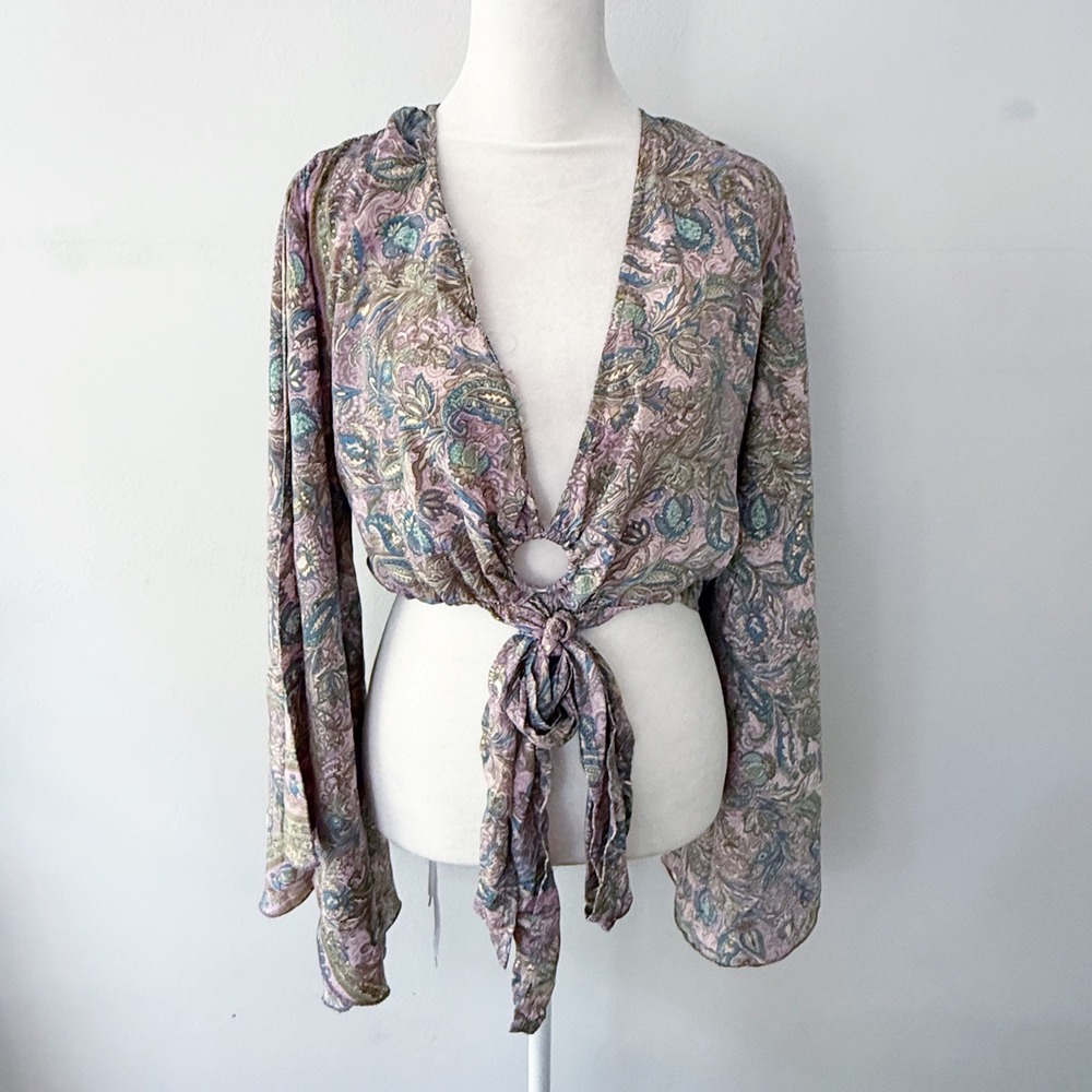 Earthbound Paisley Crop Top Medium Boho Bell Sleeve Tie Front Hippie Festival - Picture 6 of 8